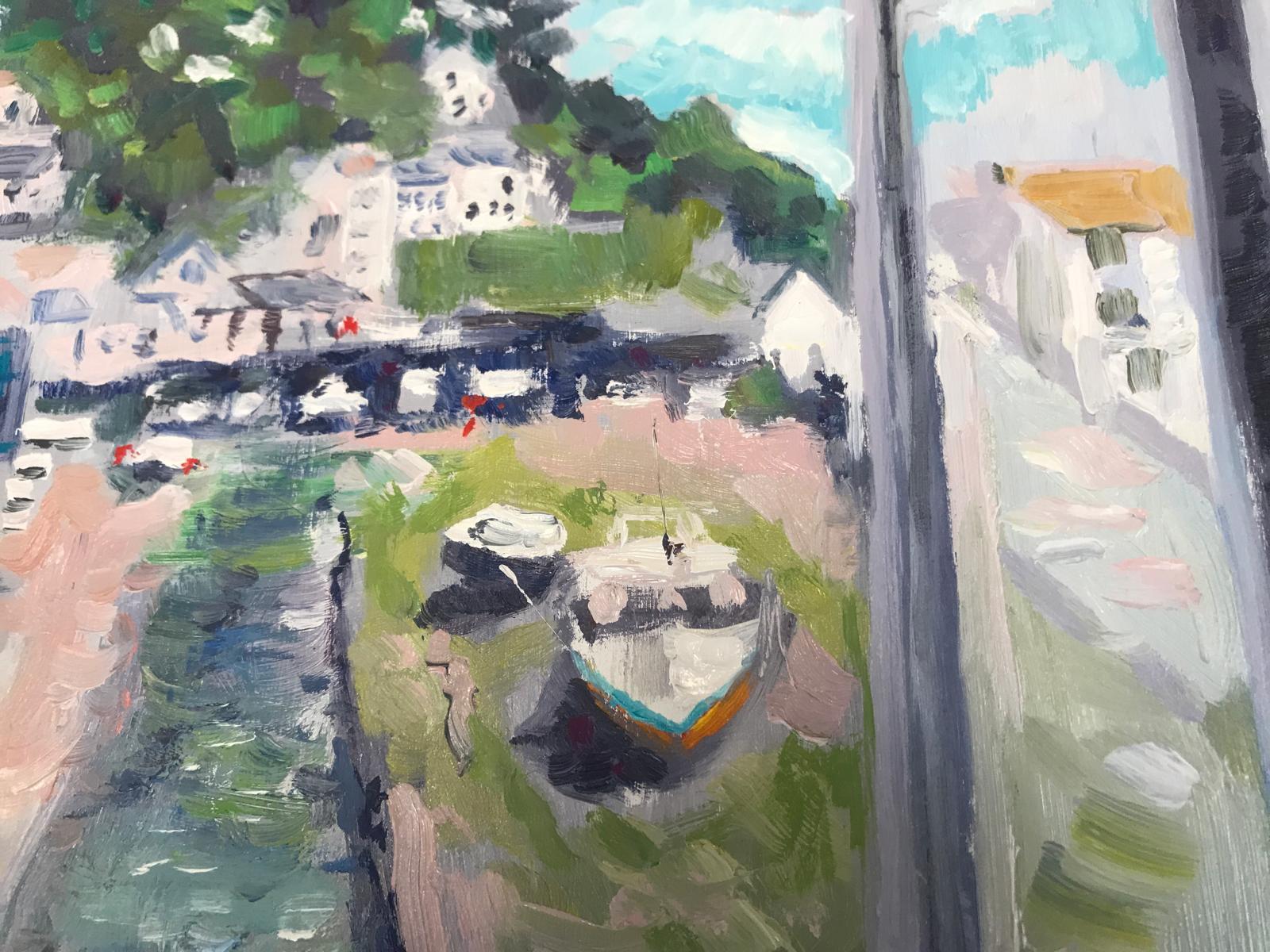Vista de Polperro, Pintura original, Paisaje marino, Barcos, Mar, Casas, Ventana, Cielo en venta 3