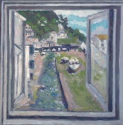 Polperro View, Original Painting, Seascape, Boats, Sea, Houses, Window, Sky