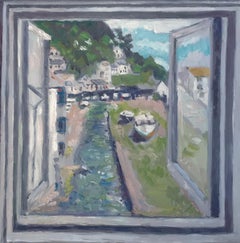 Veduta di Polperro, Pittura originale, Paesaggio marino, Barche, Mare, Case, Finestra, Cielo