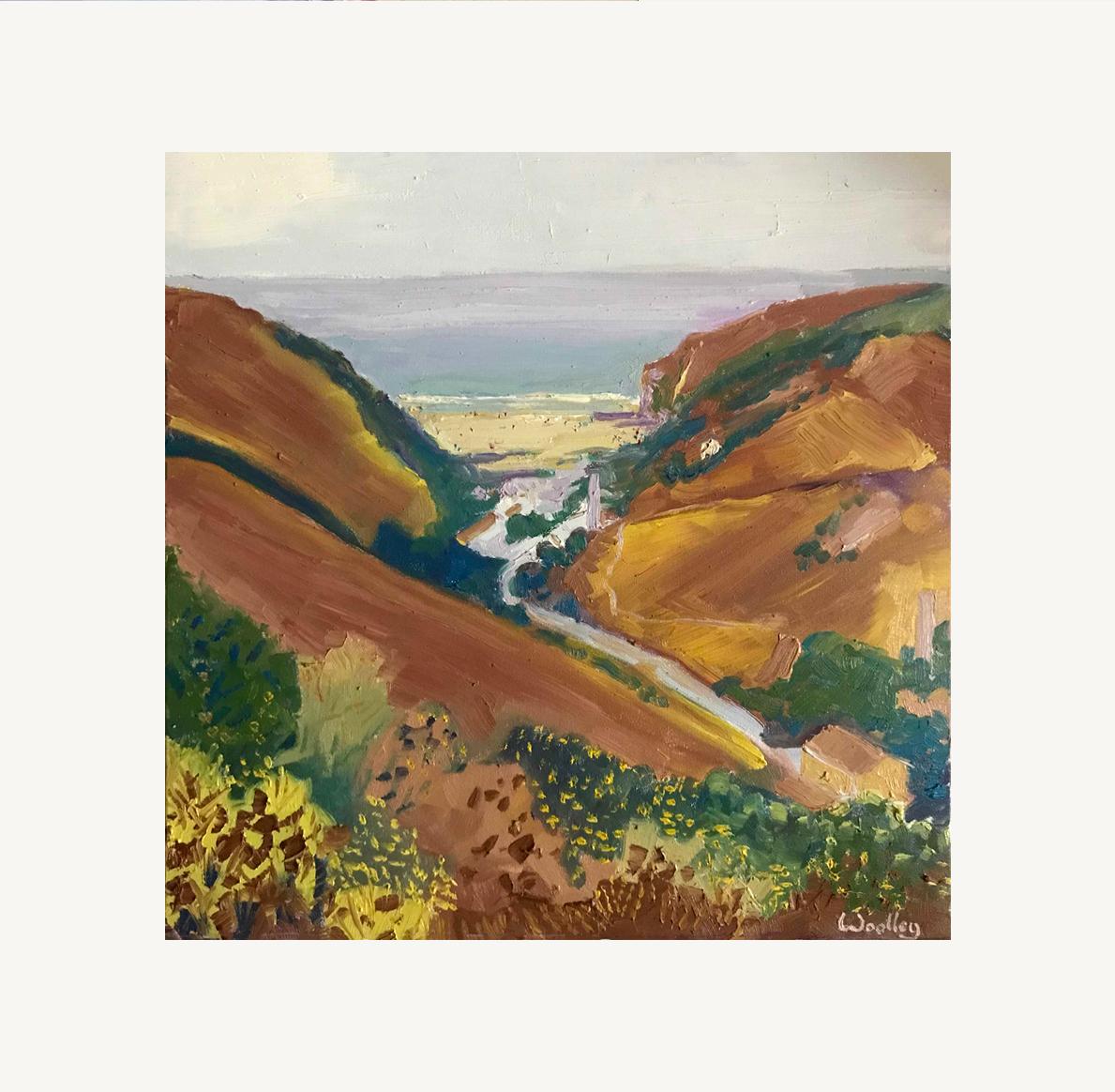 Porthtowan Heather is an Original Painting by Eleanor Woolley. Painted of Porthtowan headland and finished in the Artist's Gloucestershire Studio, this Painting depicts the russet heather hillside descending to Porthtowan beach. The copper coloured