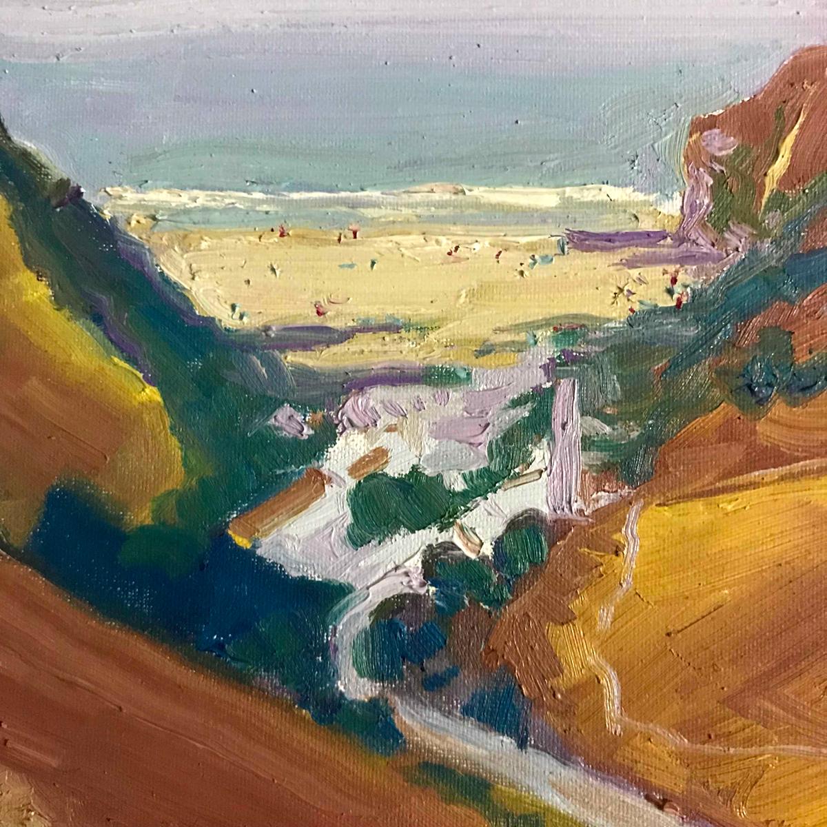 Porthtowan Heather est une peinture originale d'Eleanor Woolley. Peinte sur le promontoire de Porthtowan et achevée dans le Studio de l'artiste dans le Gloucestershire, cette peinture représente la colline de bruyère rousse qui descend vers la plage