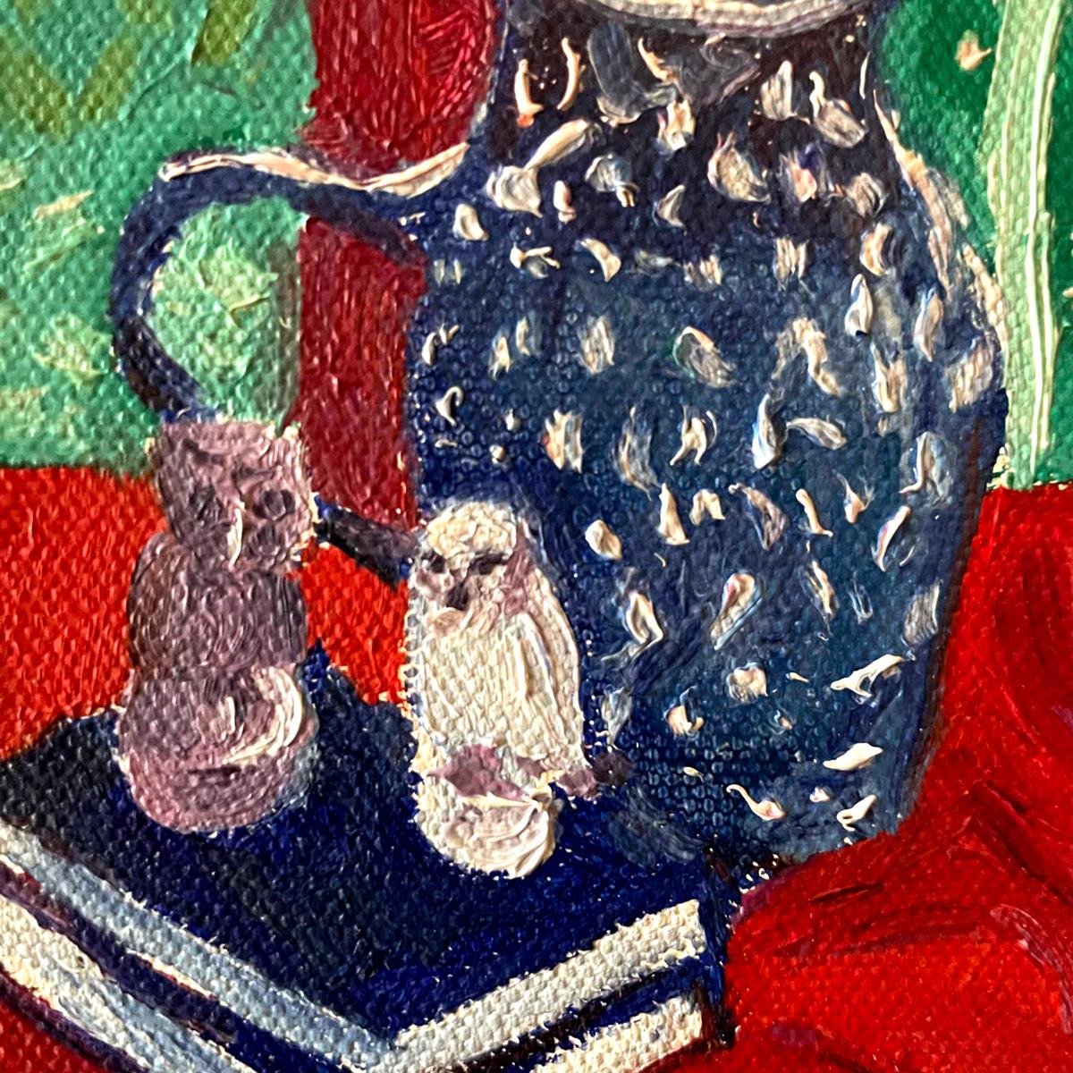 Still Life with Oranges and Owls is an Original Painting by Eleanor Woolley. Painted in the Artist's Gloucestershire Studio this miniature painting shows a still life of a selection of objects arranged by the Artist. Twos stone owls sit atop a stack