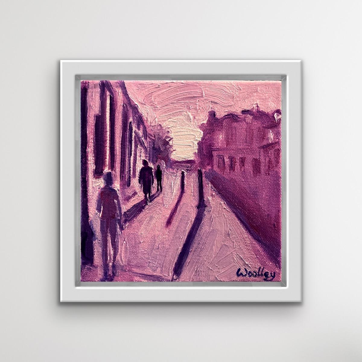 A Wintry Walk Home [December 2022]

A Wintry Walk Home is an Original Painting by Eleanor Woolley. The low winter sun throws shadows on the pavement as people walk home, early evening. Lovely pinks and mauves make up this painting, the bright white