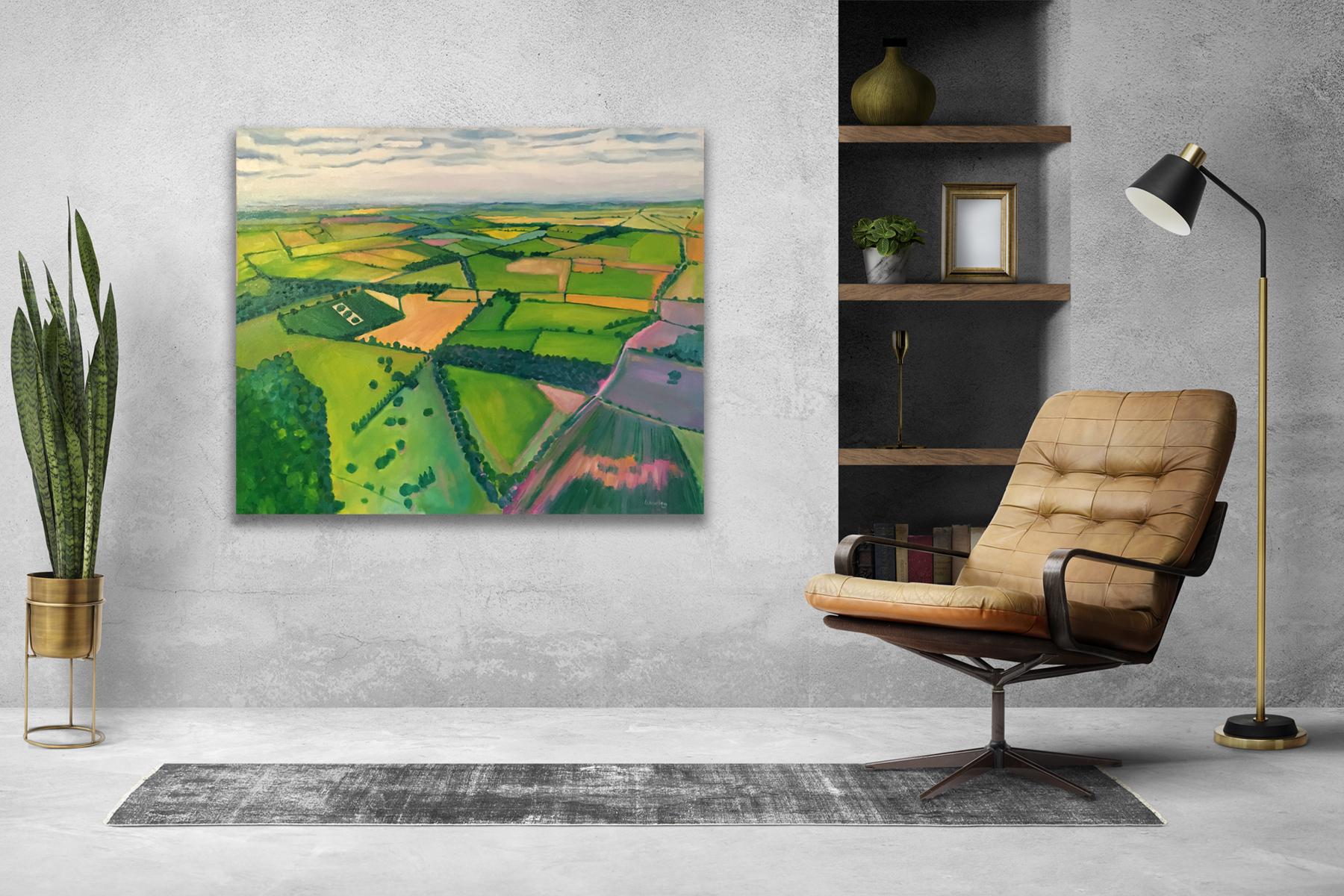 Aerial View of the Cotswolds, Original Landscape painting, Rural England, Nature - Painting by Eleanor Woolley