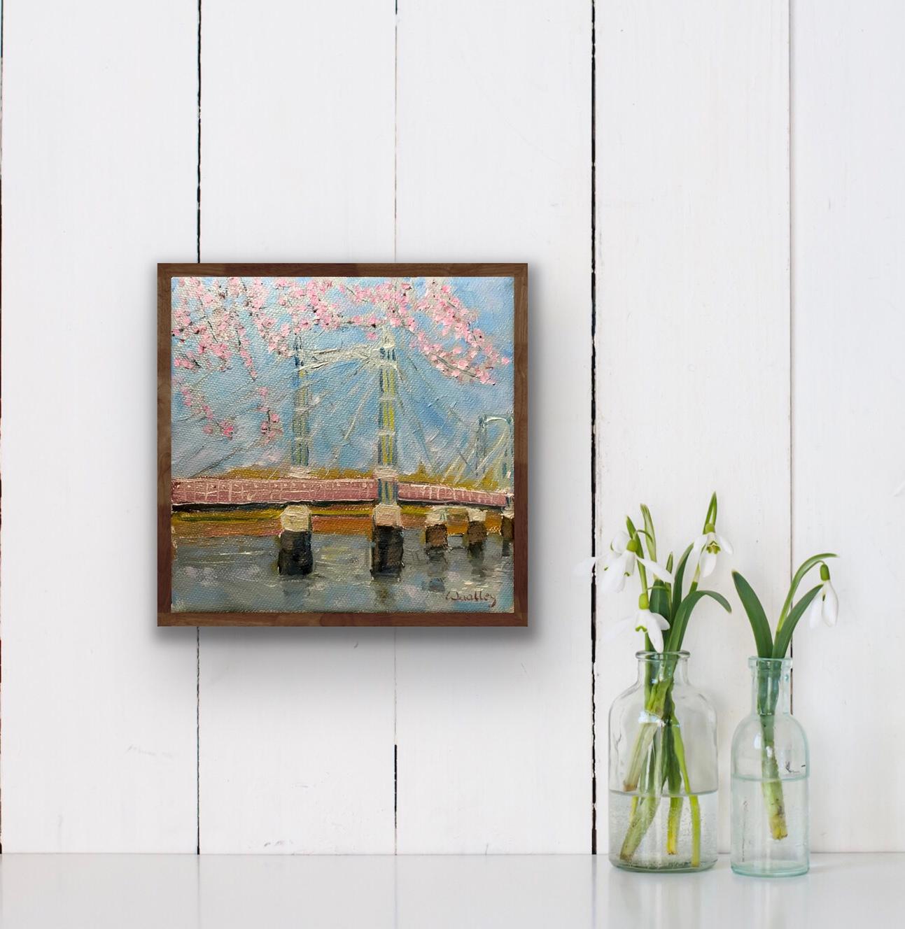 Albert Bridge in Spring, London, Original painting, Blossom, Pink, City, Floral For Sale 8