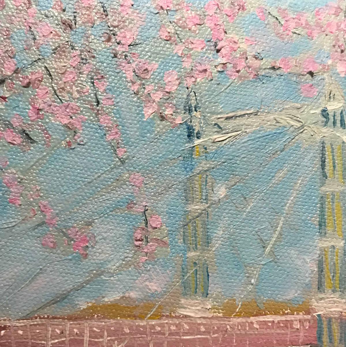 Albert Bridge in Spring, London, Original painting, Blossom, Pink, City, Floral For Sale 1