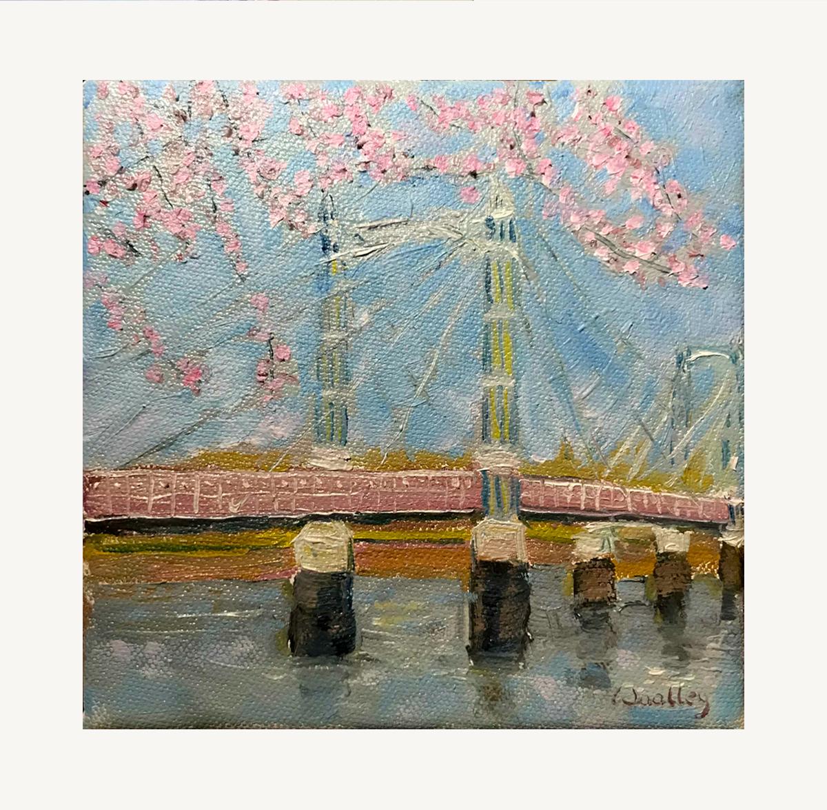 Albert Bridge in Spring, London, Originalgemälde, Blüte, Rosa, Stadt, Blumenmuster im Angebot 2