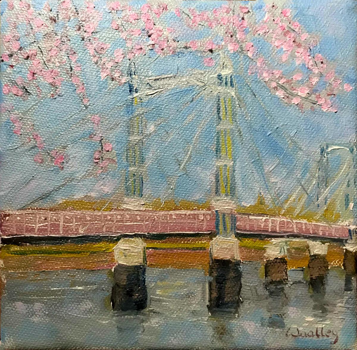 Albert Bridge in Spring, London, Originalgemälde, Blüte, Rosa, Stadt, Blumenmuster