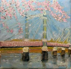 Albert Bridge in Spring, Londres, peinture originale, fleur, rose, ville, florale