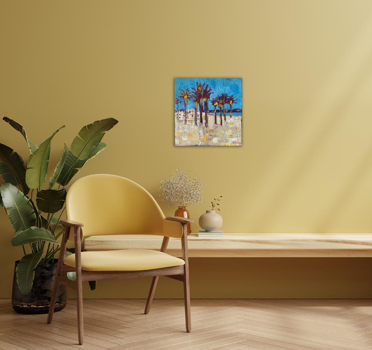 Palmen am Strand von Palms La Cala mit Ölfarbe auf Leinwand, Gemälde aus der Mitte des Jahrhunderts – Painting von Eleanor Woolley