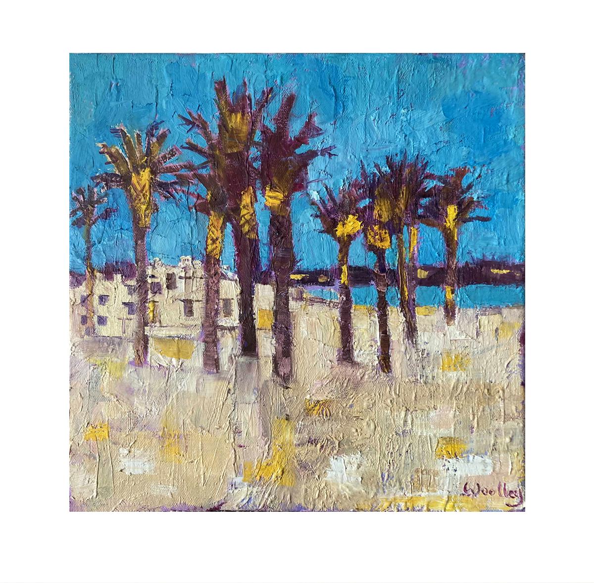Palmen am Strand von Palms La Cala mit Ölfarbe auf Leinwand, Gemälde aus der Mitte des Jahrhunderts (Abstrakt), Painting, von Eleanor Woolley