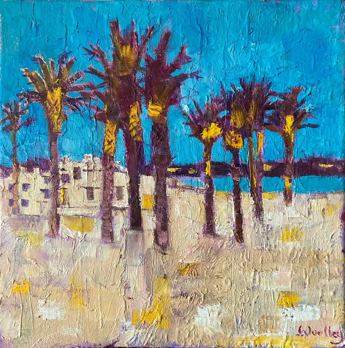 Eleanor Woolley Abstract Painting – Palmen am Strand von Palms La Cala mit Ölfarbe auf Leinwand, Gemälde aus der Mitte des Jahrhunderts