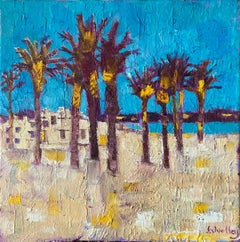 Antique Beach Palms La Cala with Oil Paint on Canvas, Painting Mid century