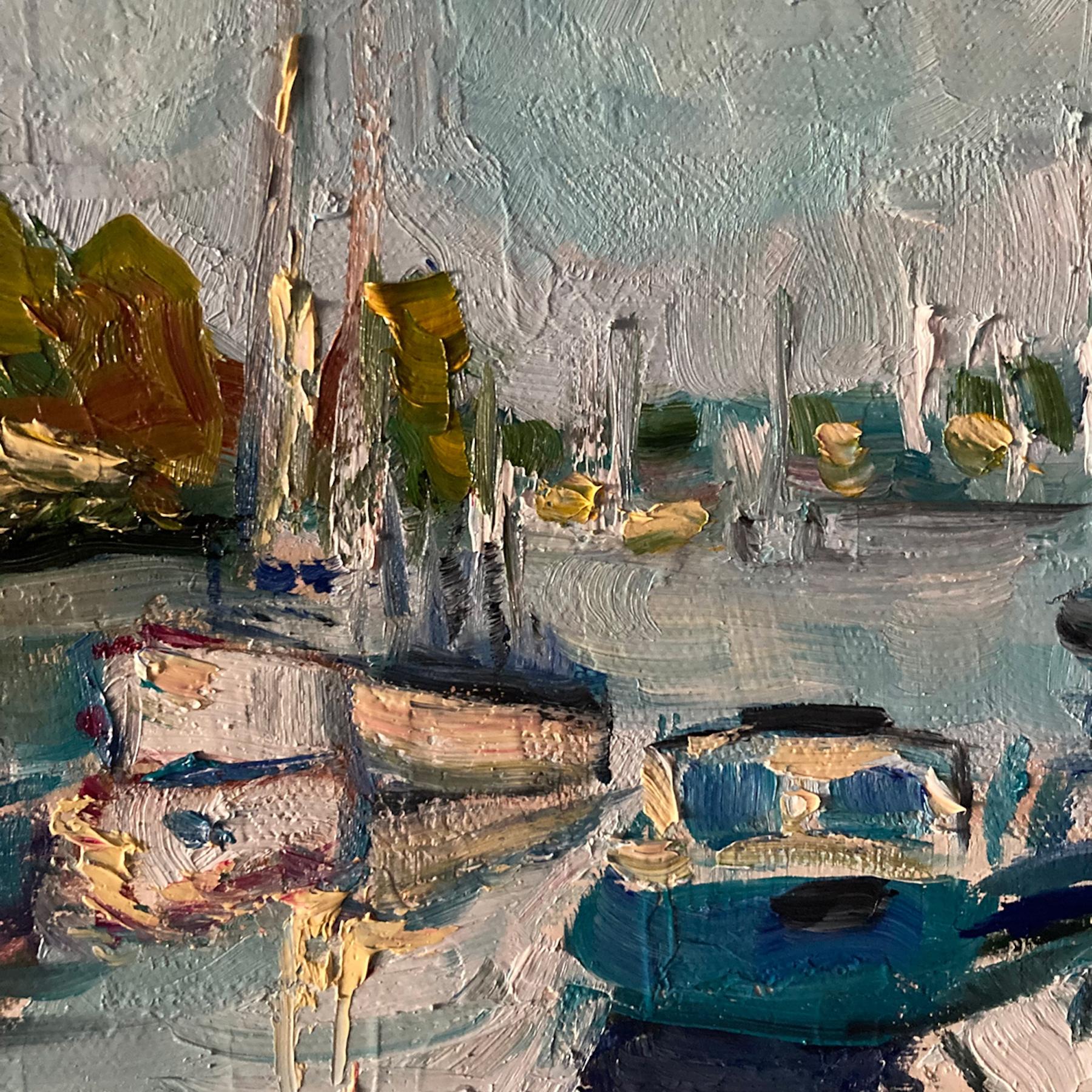 Blue Boats, Impressionist Style Seascape Painting, Boat Art, Transport Art For Sale 2