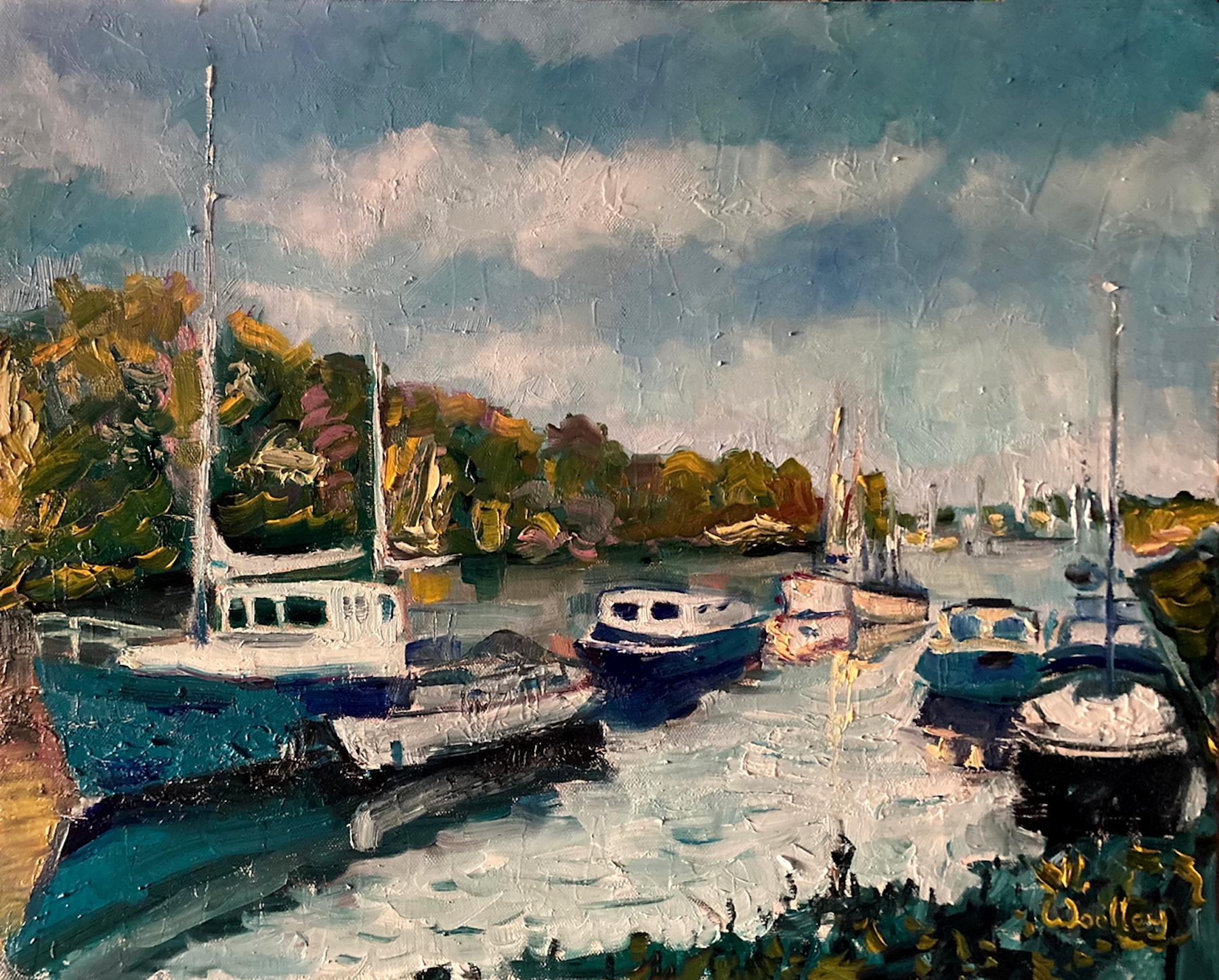Blue Boats, Impressionist Style Seascape Painting, Boat Art, Transport Art