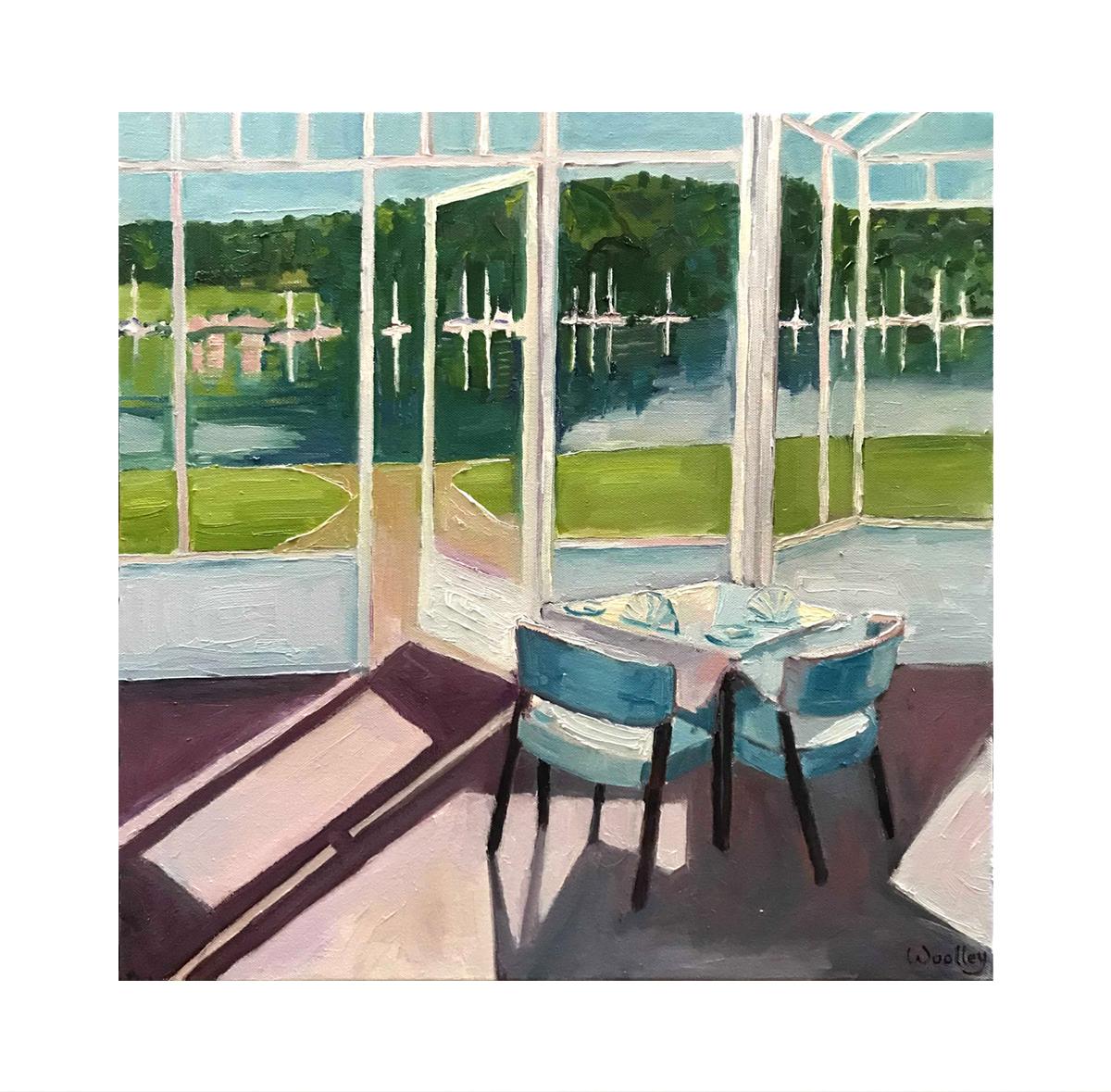 Breakfast at Windermere, peinture originale, paysage, personnes, personnage, ombre - Painting de Eleanor Woolley