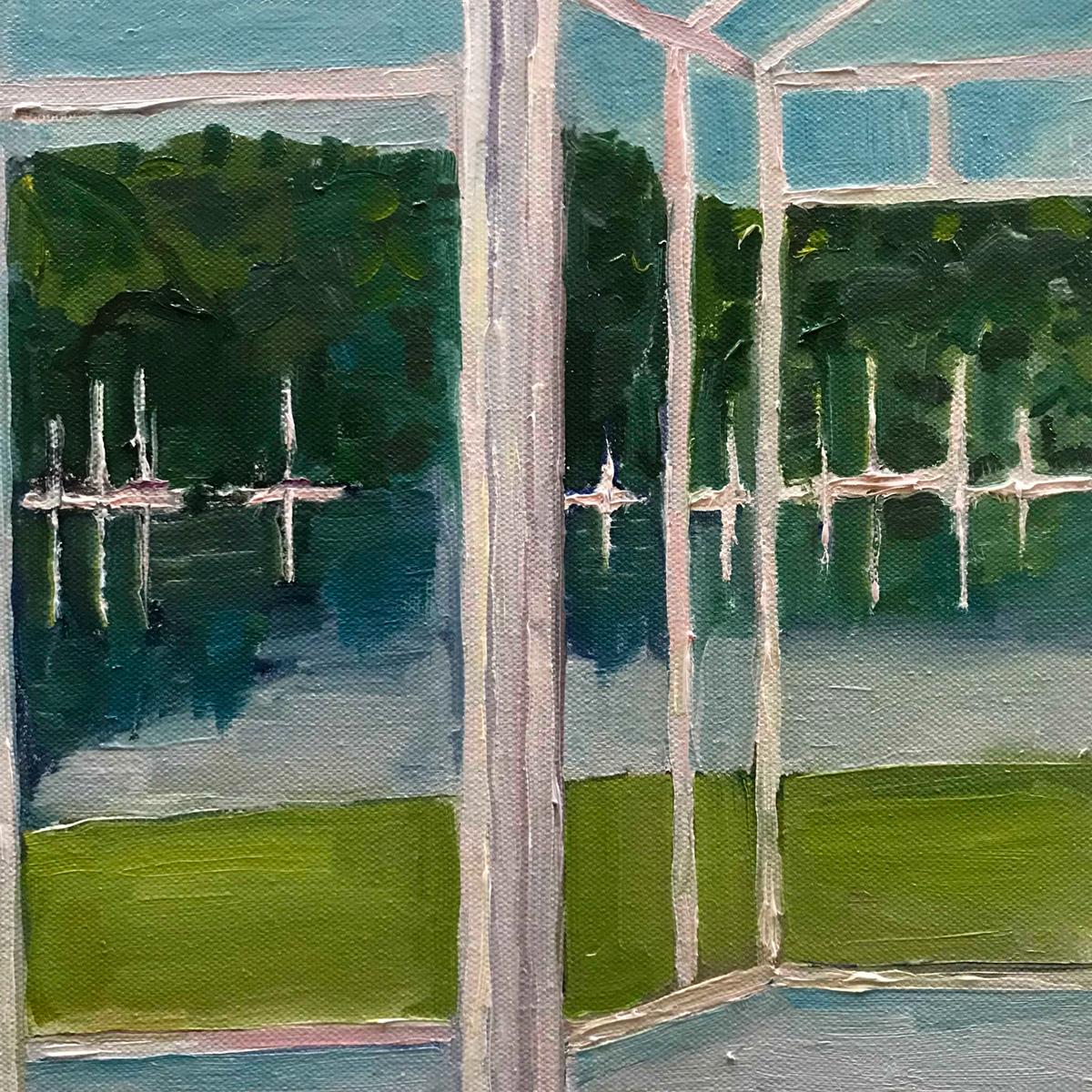 Breakfast at Windermere, peinture originale, paysage, personnes, personnage, ombre - Gris Landscape Painting par Eleanor Woolley