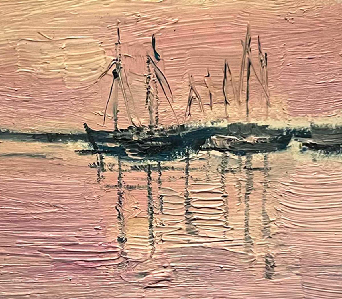 Brixham Boats is an Original Painting by Eleanor Woolley. This Painting is inspired by pictures a friend sent home from their travels. On the quiet sea some boats lie at anchor in Brixham. The sky is pink from the recently setting sun, reflecting in