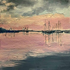 Boats Brixham expressionniste, peinture à l'huile sur bois, paysage ciel, voile, transport