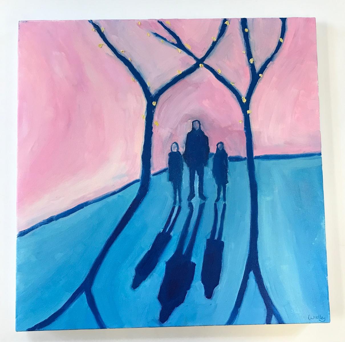 Cotswolds sunset 2, Original painting, Figurative art, People, Shadows  - Contemporary Painting by Eleanor Woolley