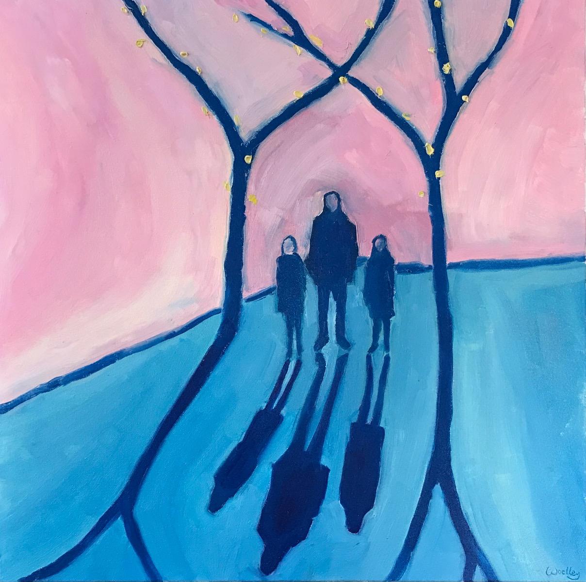 Cotswolds sunset 2, Original painting, Figurative art, People, Shadows  - Painting by Eleanor Woolley