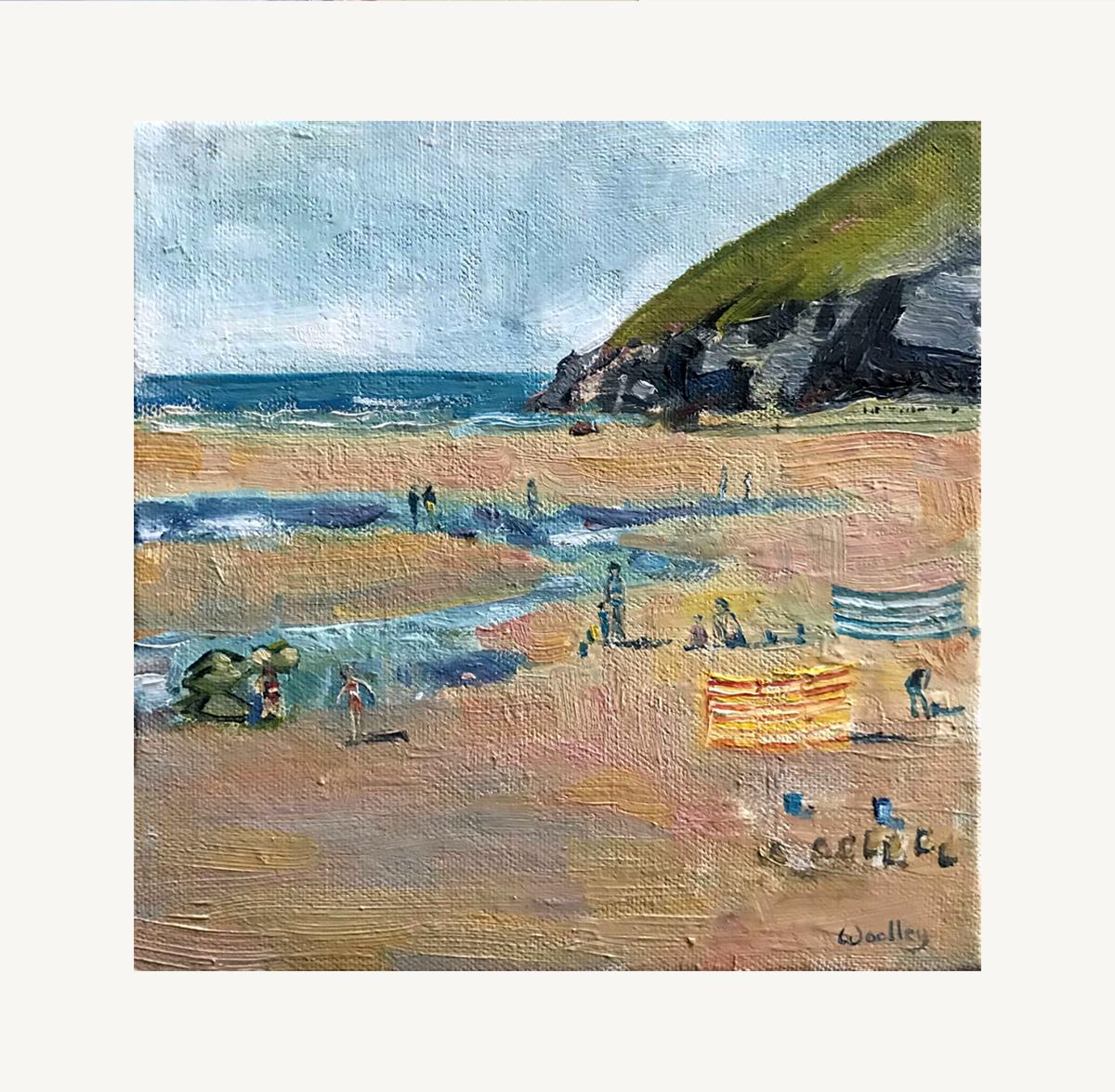 Crantock Beach Shadows, Original painting, seascape, beach, swimming, coastal - Painting by Eleanor Woolley