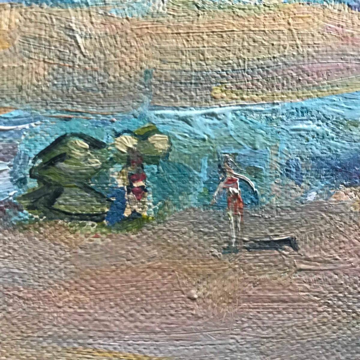 Crantock Beach Shadows, Original painting, seascape, beach, swimming, coastal - Gray Landscape Painting by Eleanor Woolley