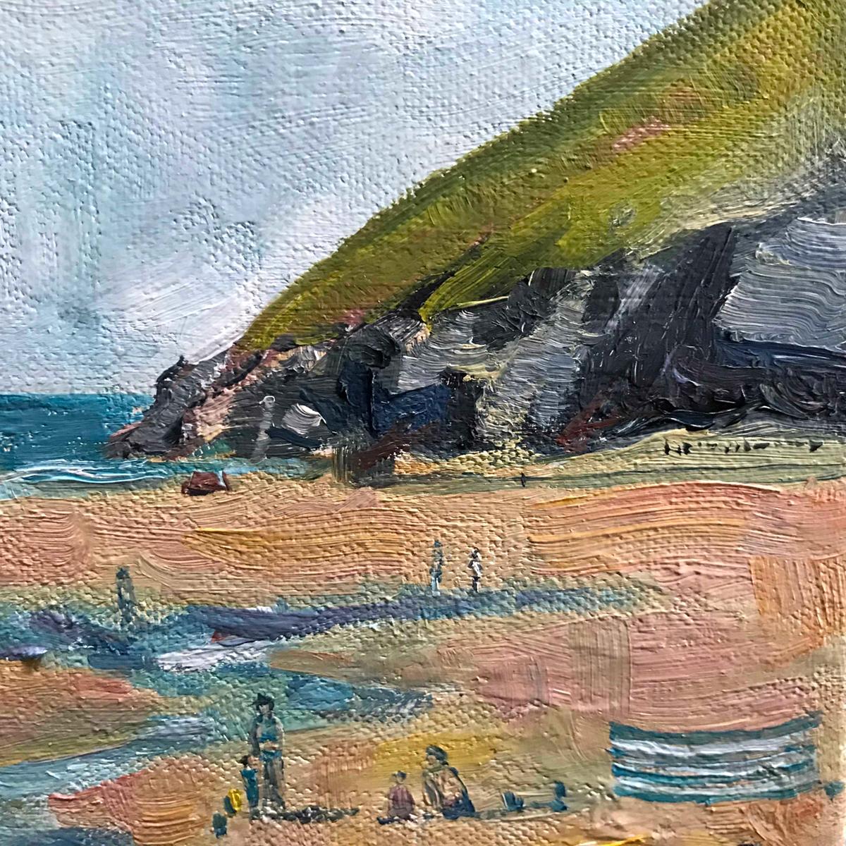 Crantock Beach Shadows, Original painting, seascape, beach, swimming, coastal For Sale 2