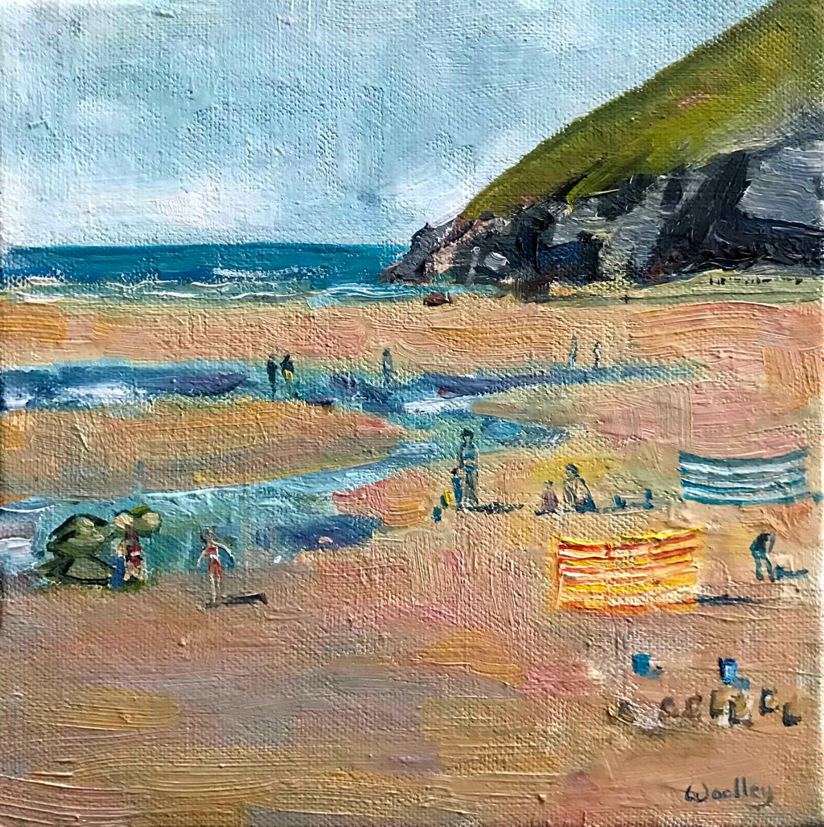Eleanor Woolley Landscape Painting - Crantock Beach Shadows, Original painting, seascape, beach, swimming, coastal