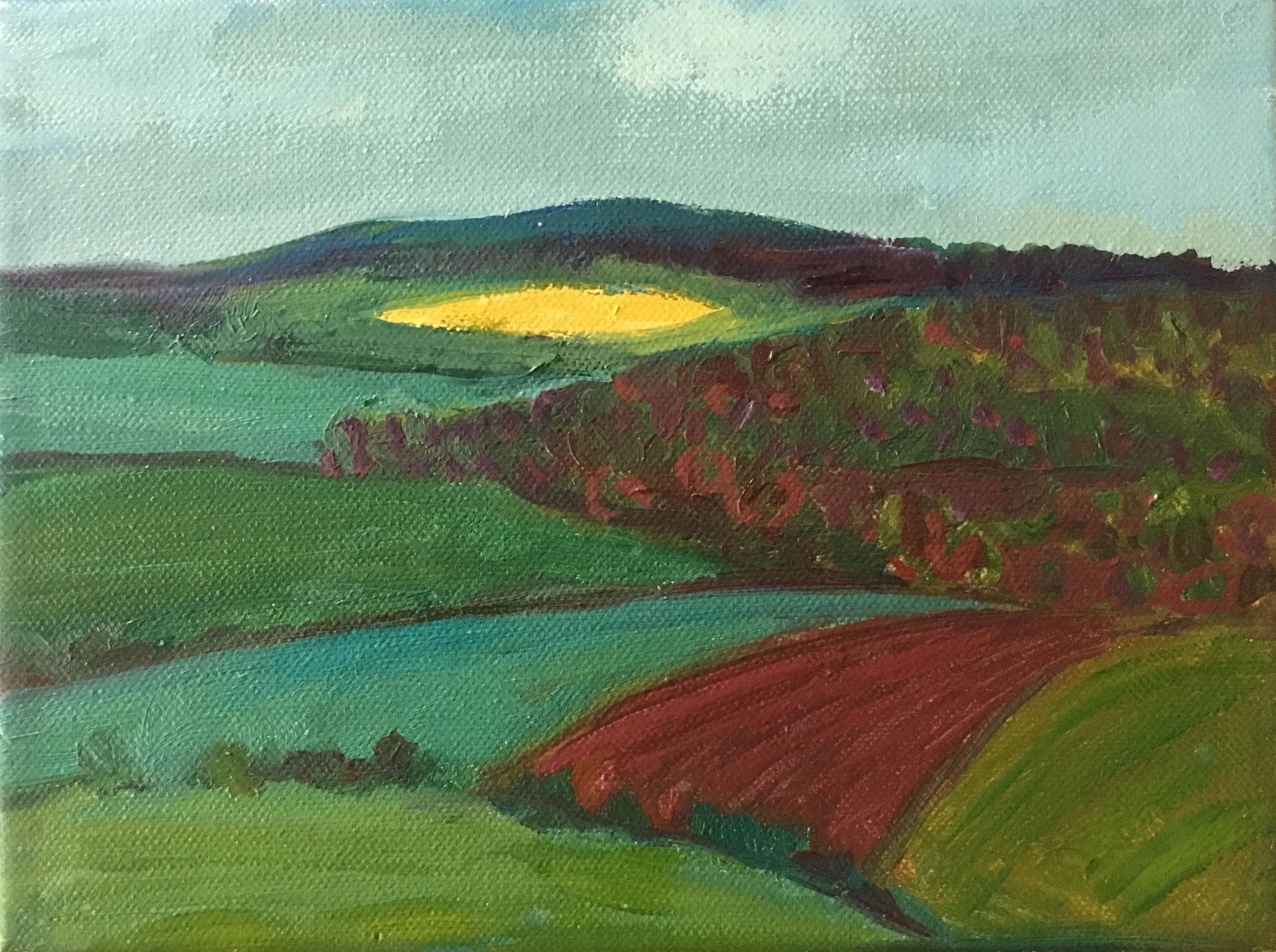 Figurative Painting de Eleanor Woolley - Campo Amarillo Distante