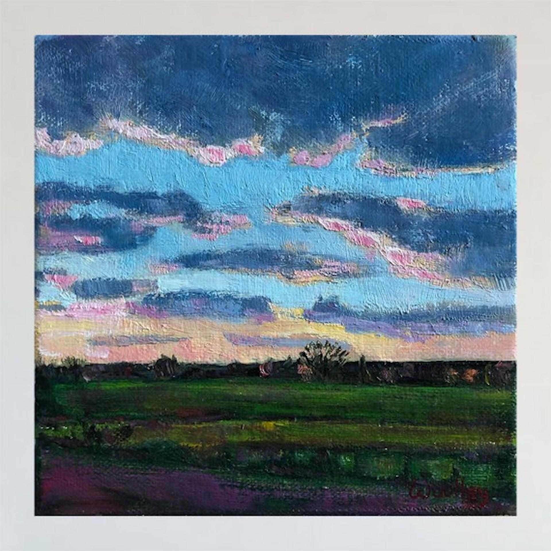 Eleanor Woolley, Atardecer con cielo violeta, Pintura original de paisaje en venta 1