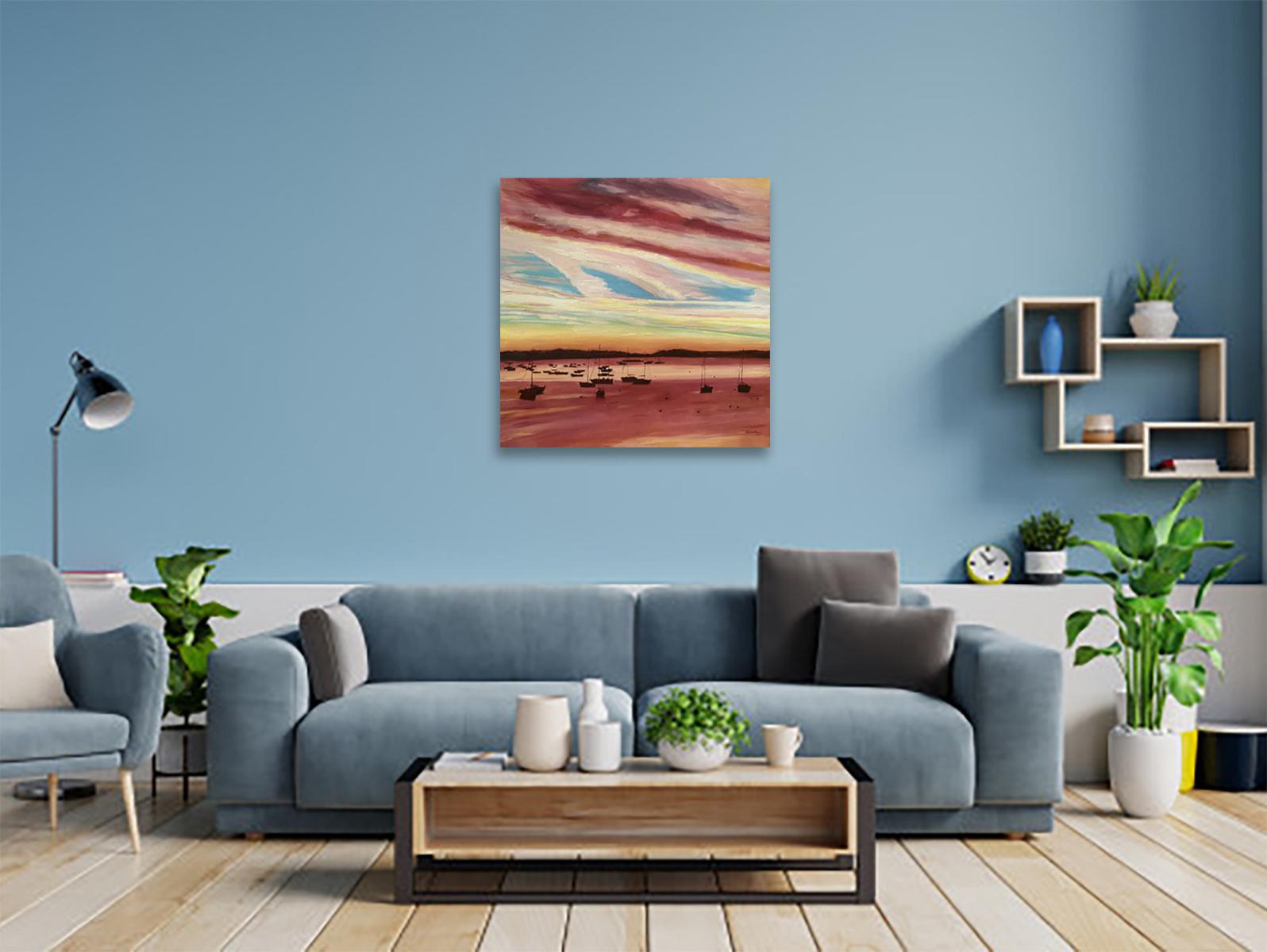Atardecer en Falmouth y puerto de St Ives, Conjunto de 2, Original, Paisaje en venta 6