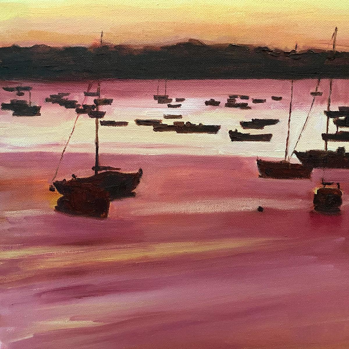 Atardecer en Falmouth y puerto de St Ives, Conjunto de 2, Original, Paisaje en venta 8