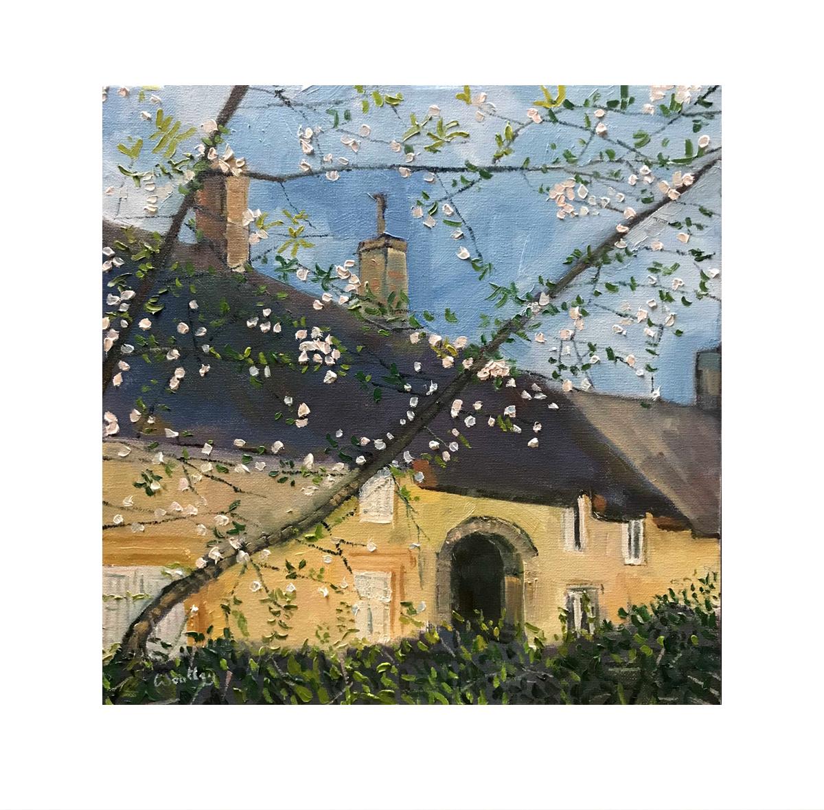 Great Tew, Cottage, Cotswolds, Blossom, Trees, Windows, Thatch, Brown, Black en vente 3