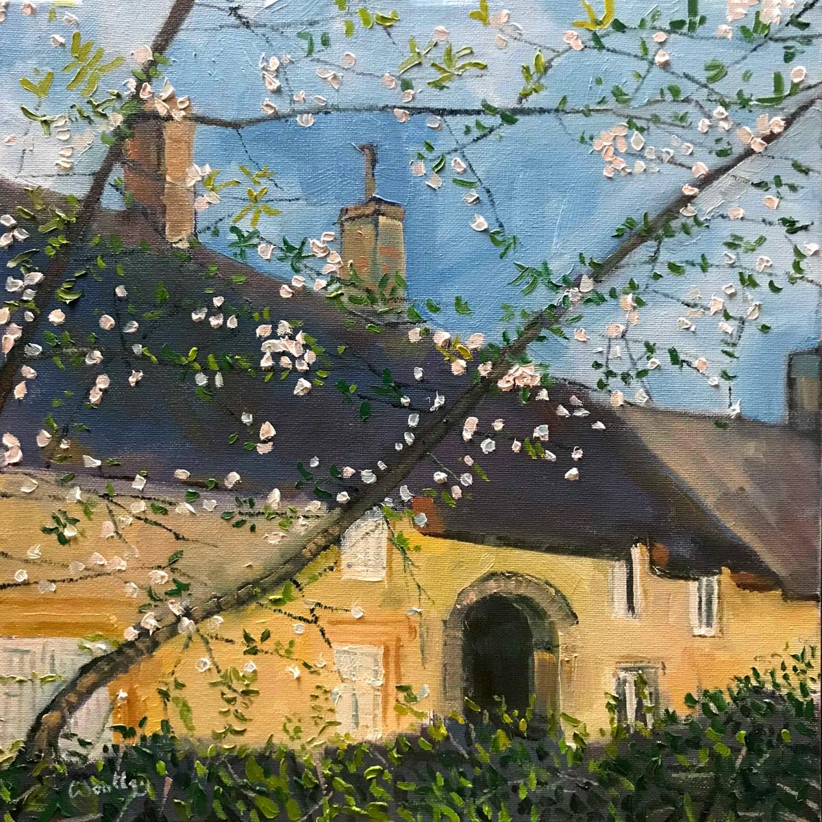 Eleanor Woolley Landscape Painting – Great Tew, Cottage, Cotswolds, Blüte, Bäume, Fenster, Stroh, Braun, Schwarz