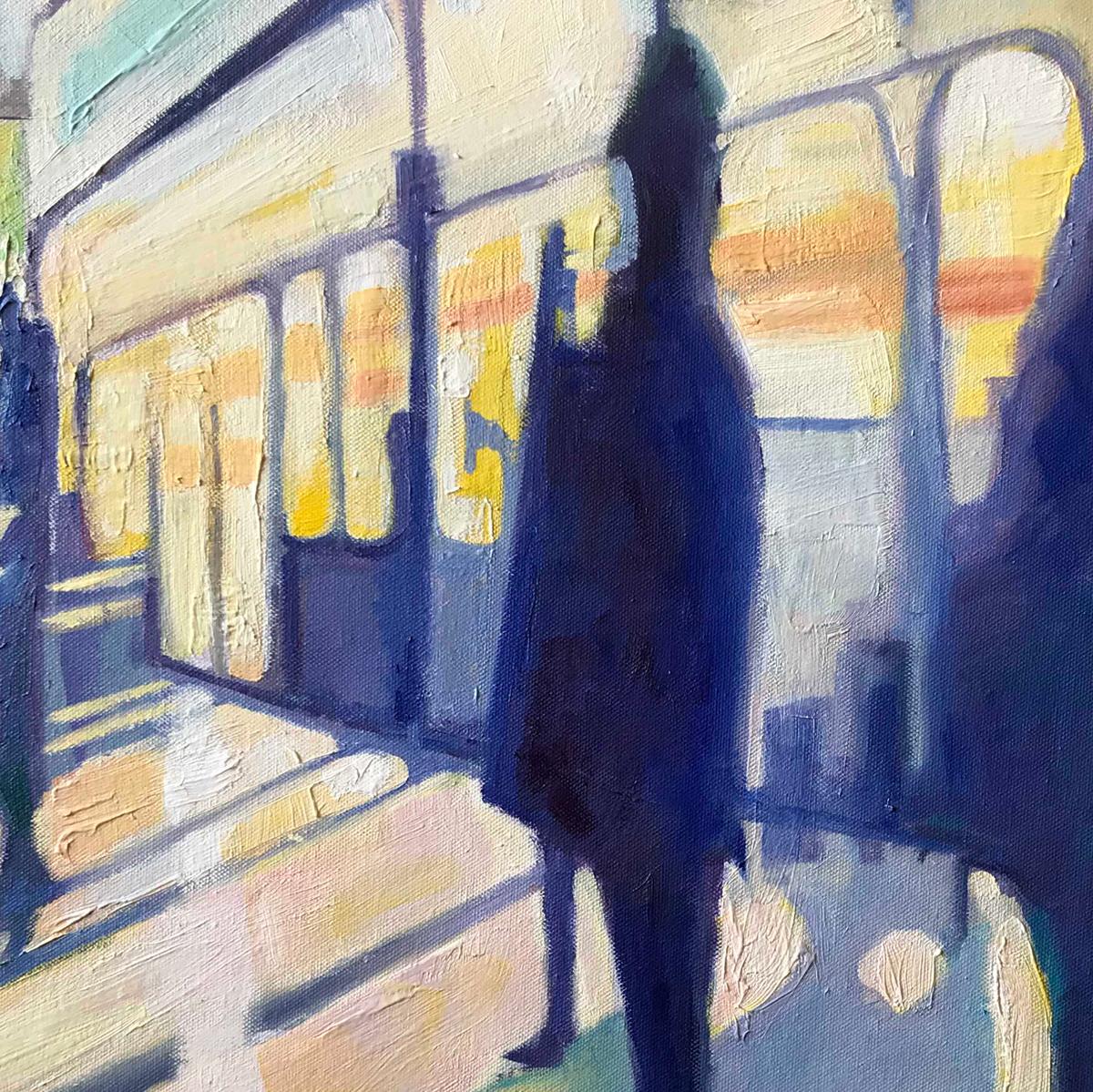 High Speed 1est une peinture originale d'Eleanor Woolley. Cette peinture est inspirée par des images de trains à grande vitesse et de figures floues. L'amour de l'artiste pour les ombres et la lumière est illustré ici par des coups de pinceau