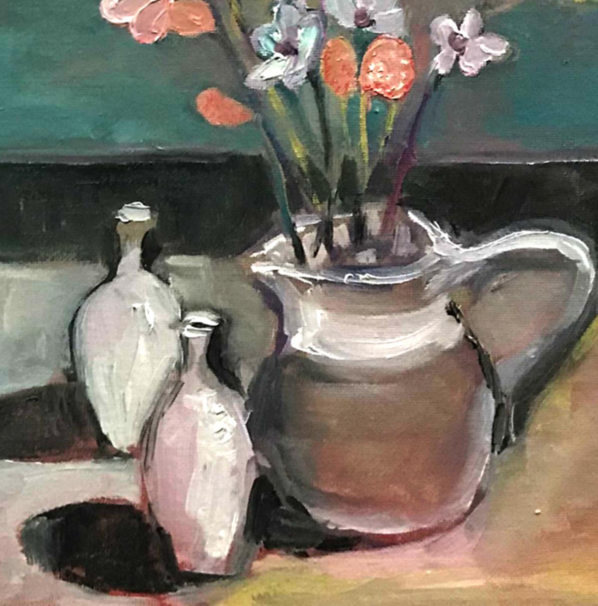 Jug with flowers is an Original Painting by Eleanor Woolley Painted in the Artist's Gloucestershire Studio, the flowers in this painting are impasto style with thick and fluid brushstrokes. Magenta and Cadmium Red are used for the blossoms, and