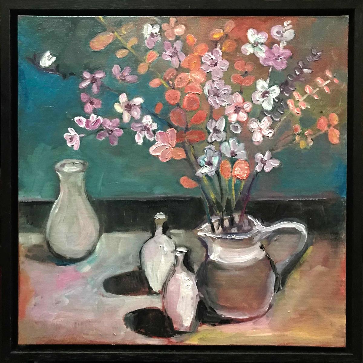 Eleanor Woolley Landscape Painting - Jug with flowers, floral, still life, contemporary, wall art