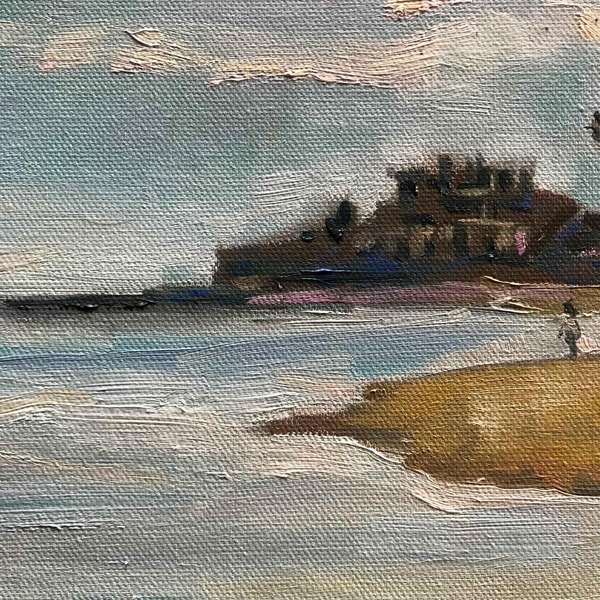 La Cala Beach, 2 is an Original Painting by Eleanor Woolley. This Painting looks South West along la Cala beach. The building meeting the shoreline are in shadow, turning mauve and dusky pink. People stroll along the waters edge, their footsteps can