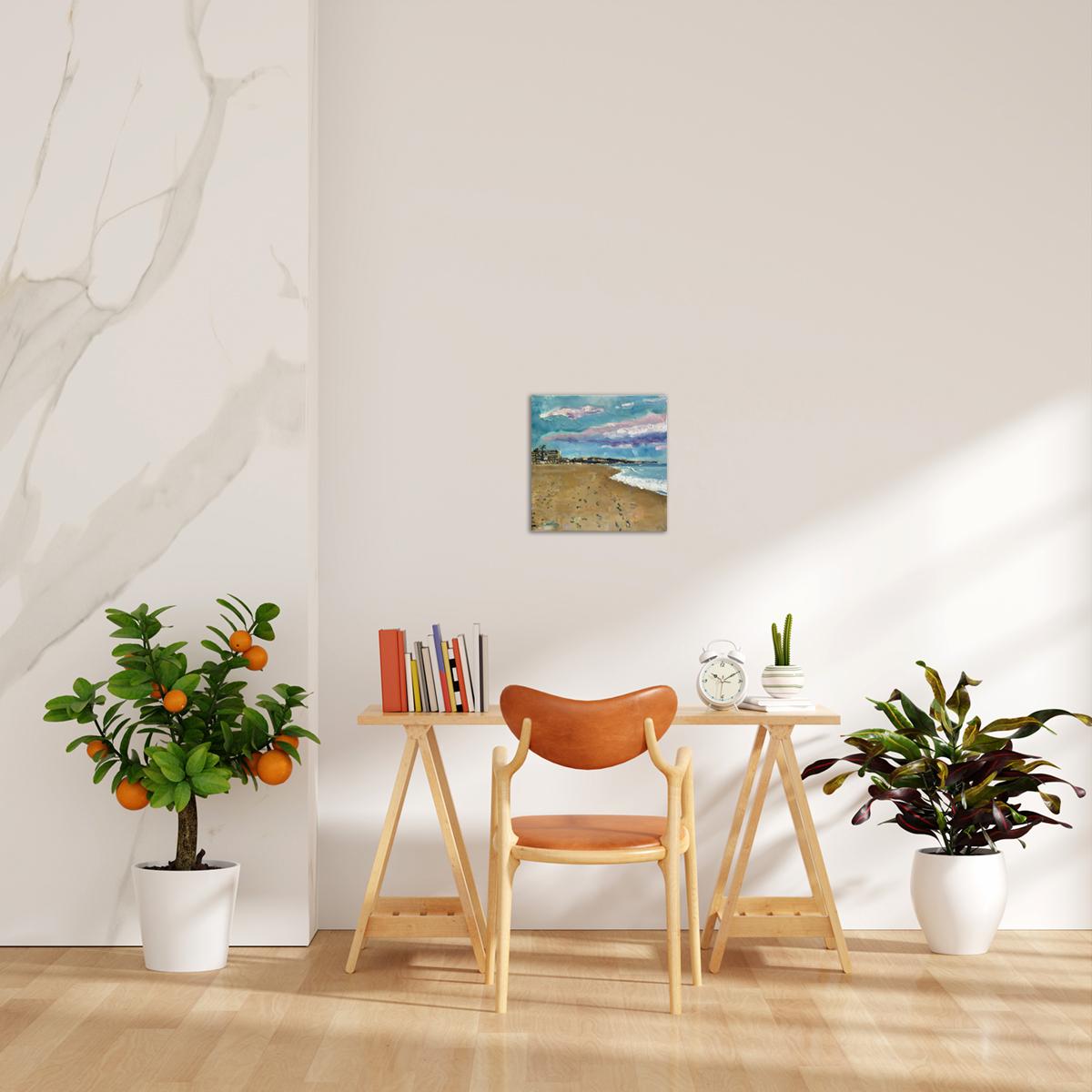 Plage de La Calas, Espagne, peinture originale, paysage, paysage marin, plage - Gris Landscape Painting par Eleanor Woolley
