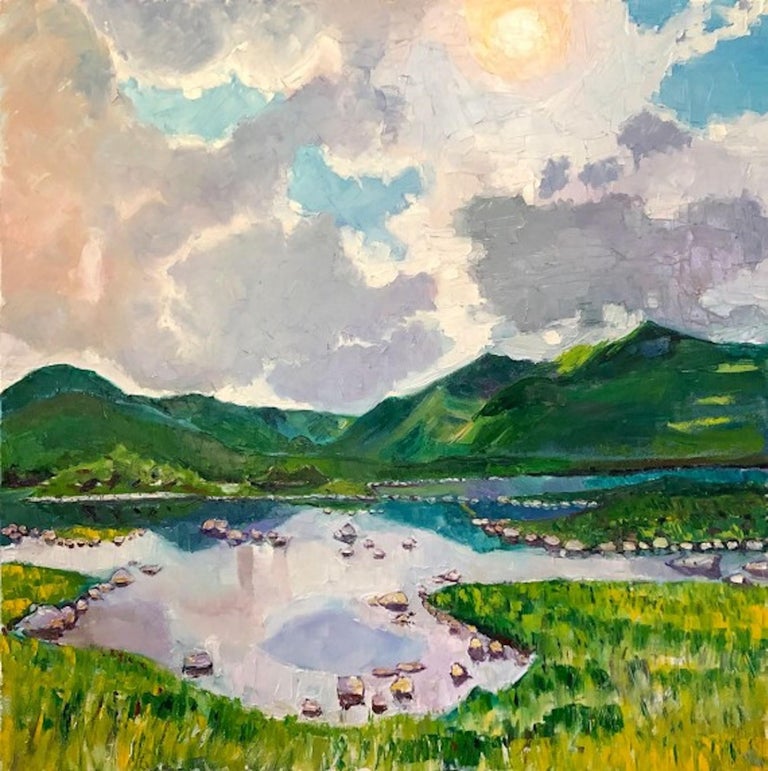 Loch Ba, Eleanor Woolley, Original Painting, Landscape Sky Artwork, Affordable - Beige Landscape Painting by Eleanor Woolley