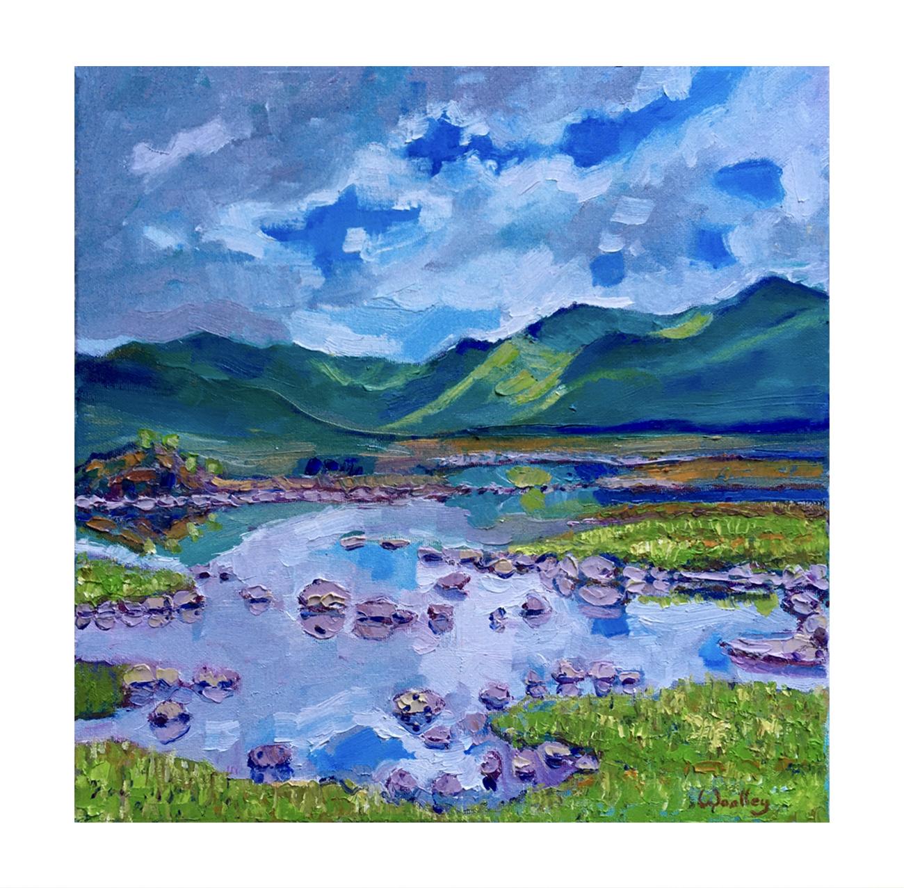 Loch Ba Rannoch Moor is an original oil painting by Eleanor Woolley. The painting portrays Loch Ba on a wonderful summer's evening. The sky reflects in the waters surface, with its patches of blue and white. The mountains of Glencoe are moody in