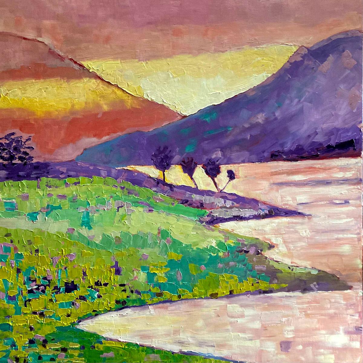 Landscape Painting Eleanor Woolley - Loch Levan, paysages, art à prix abordable, peinture originale, art d'Écosse