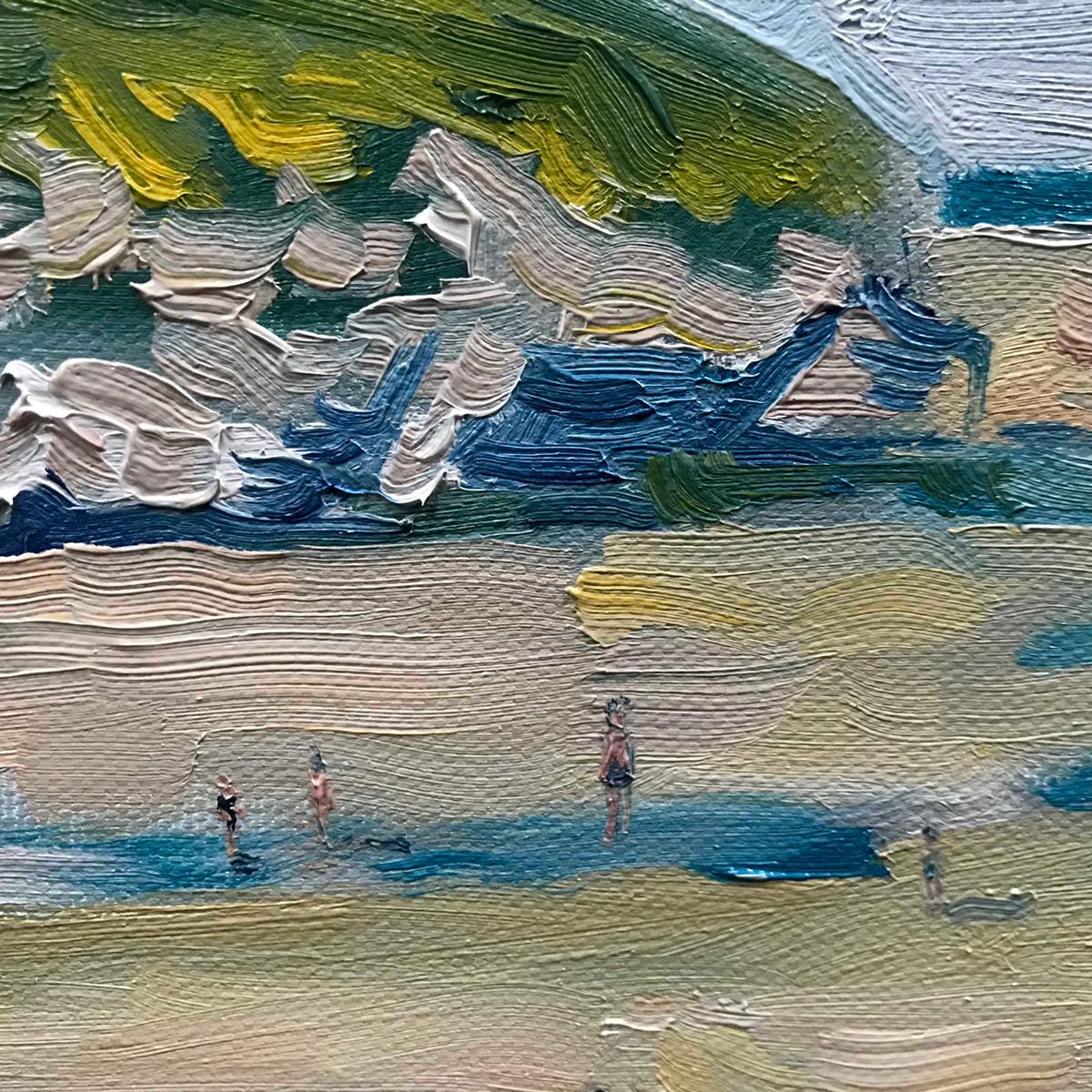 Mawgan Porth Shadows, landscape, seascape, beach, swimming, sunbathing, coastal - Contemporary Painting by Eleanor Woolley