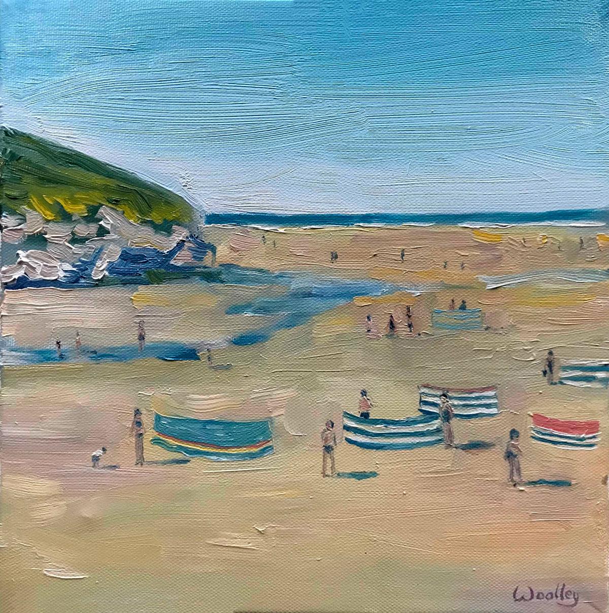 Eleanor Woolley Landscape Painting - Mawgan Porth Shadows, landscape, seascape, beach, swimming, sunbathing, coastal