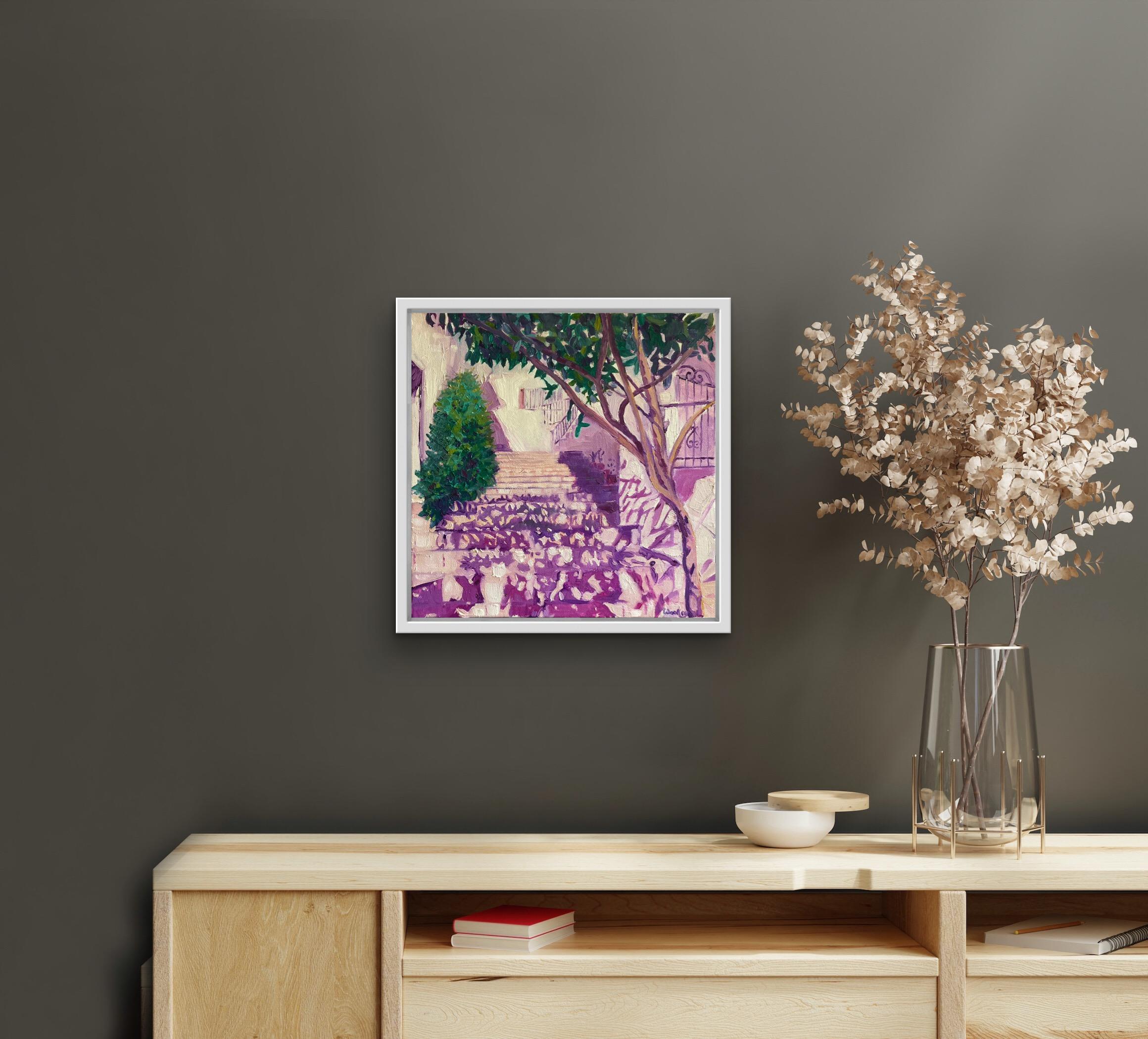 Mijas Steps, Spain art, purple art, plein air art, tree art - Painting by Eleanor Woolley