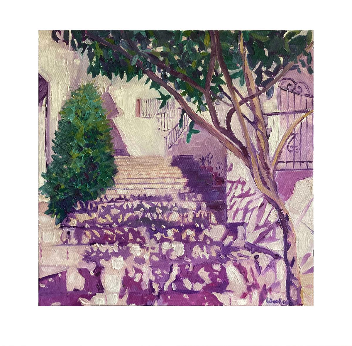 Mijas Steps, Spain art, purple art, plein air art, tree art For Sale 3