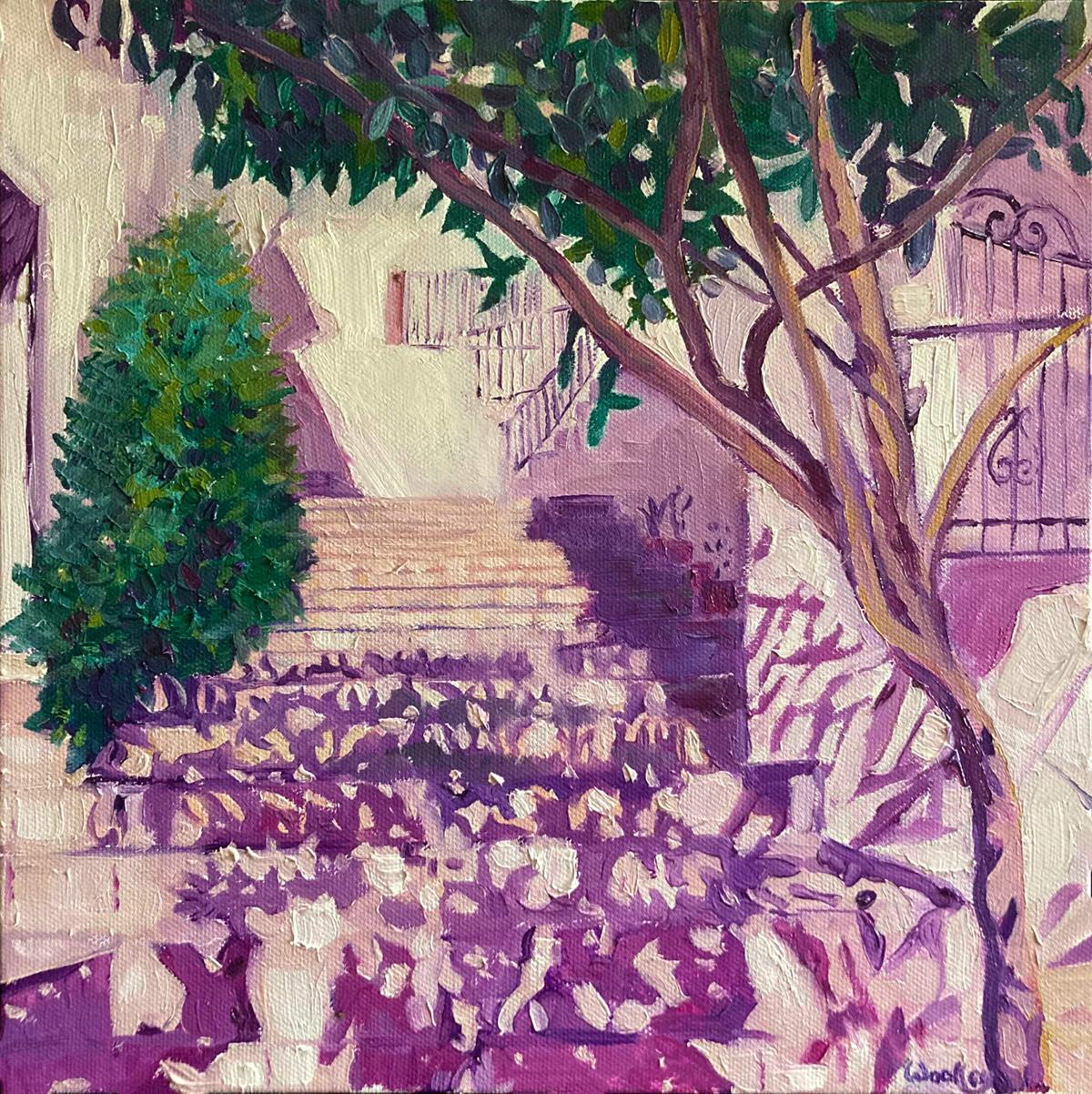 Eleanor Woolley Landscape Painting - Mijas Steps, Spain art, purple art, plein air art, tree art