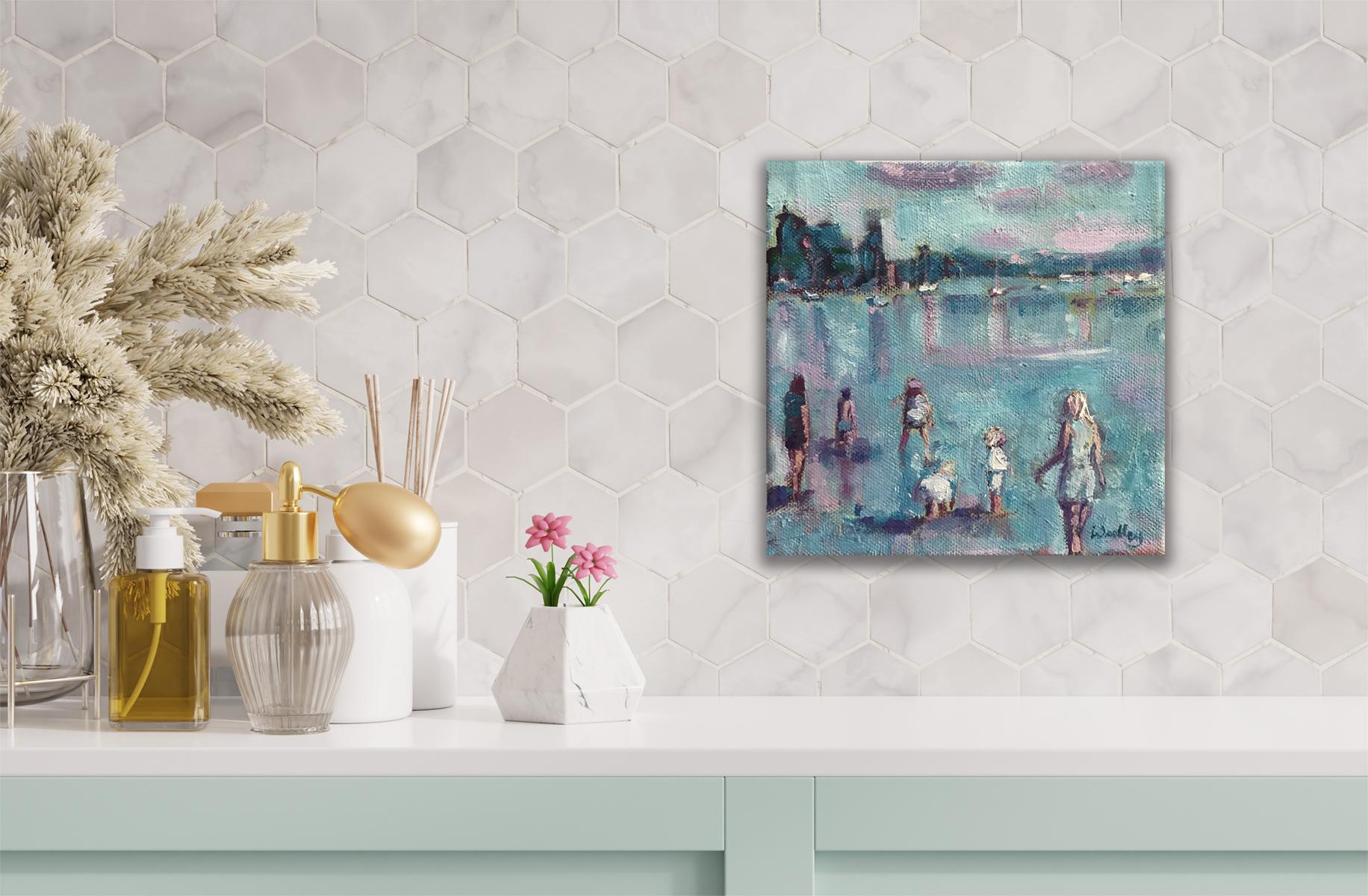 Remando, Lago Windermere, pintura original, paisaje, contemporáneo - Painting de Eleanor Woolley