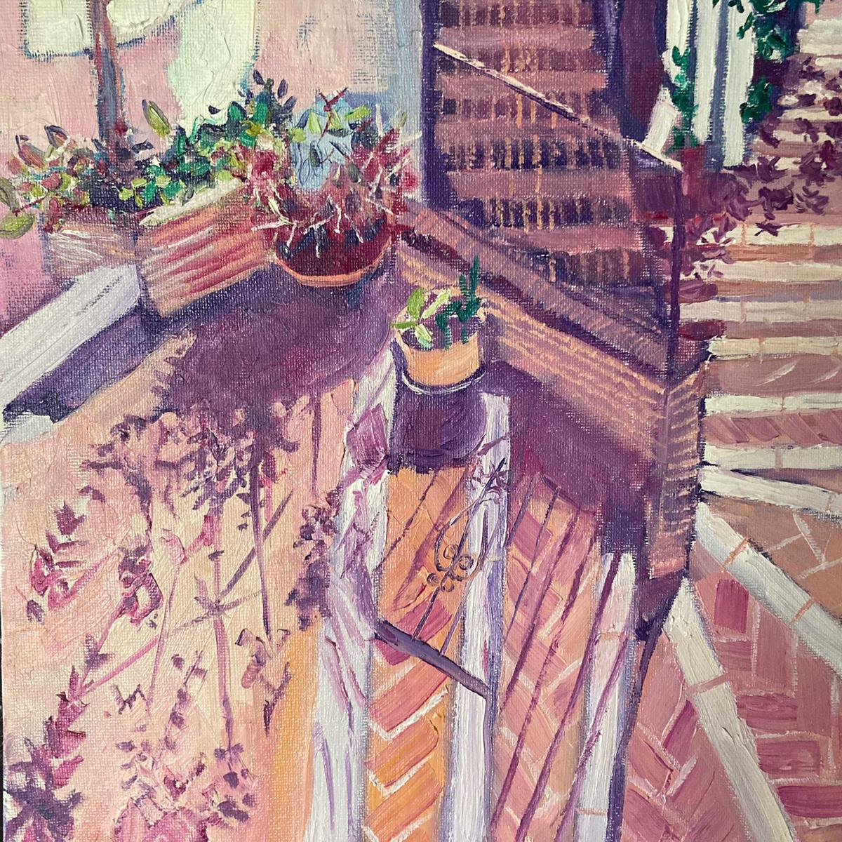 Plant Shadows Mijas, Impressionist Style Landscape Art, Spanish Street Painting For Sale 3